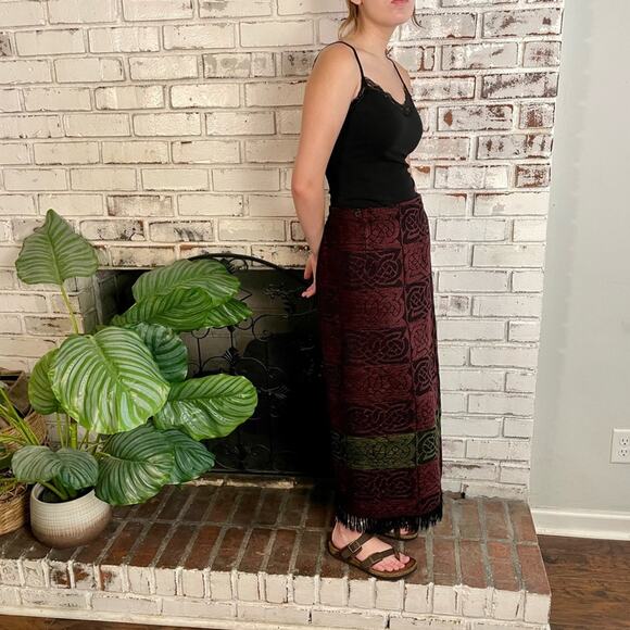 Vintage Mary Flaherty Ireland Wool Wrap Tapestry Fringe Purple Green Maxi Skirt - Picture 3 of 10